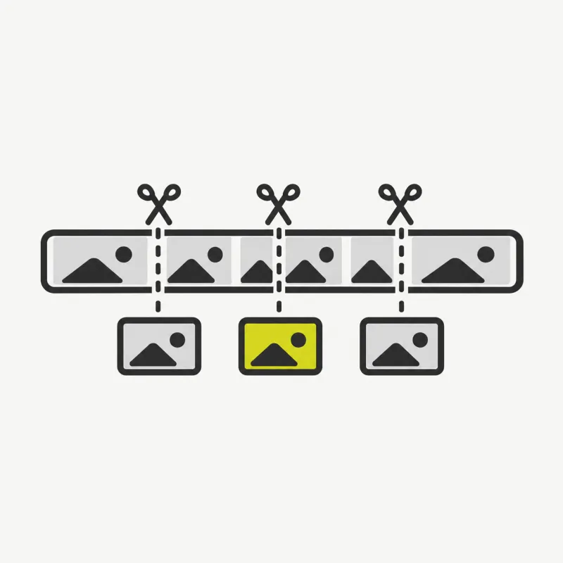 Illustration: a long video bar with short clip tiles cut directly out of it by scissor marks