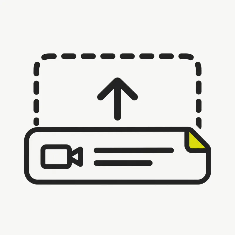 Illustration: a long video file card being dropped into a dashed-outline upload dropzone with an upward arrow