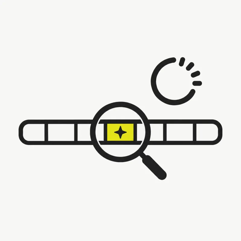 Illustration: a long timeline with a magnifier and a spark marking highlighted segments, a spinning progress ring