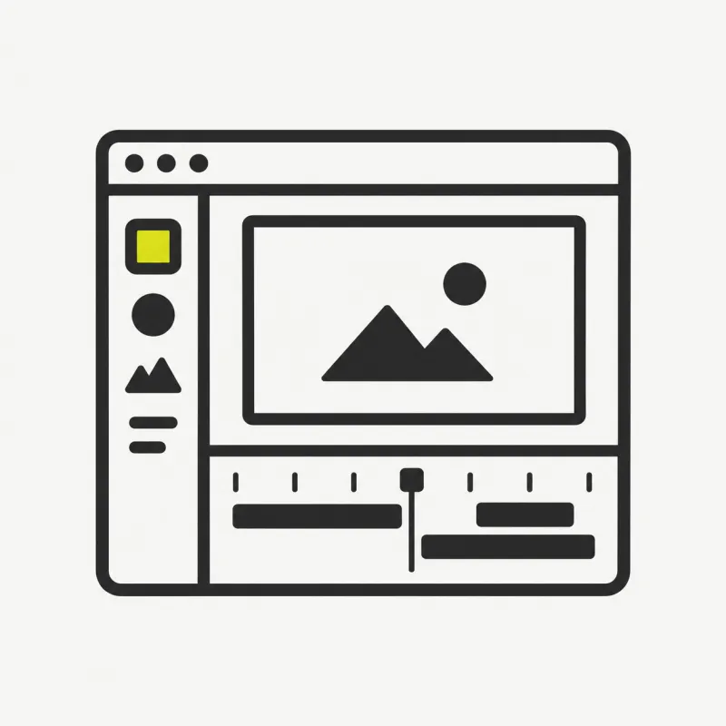 Illustration: a browser window with an editor canvas and timeline opening