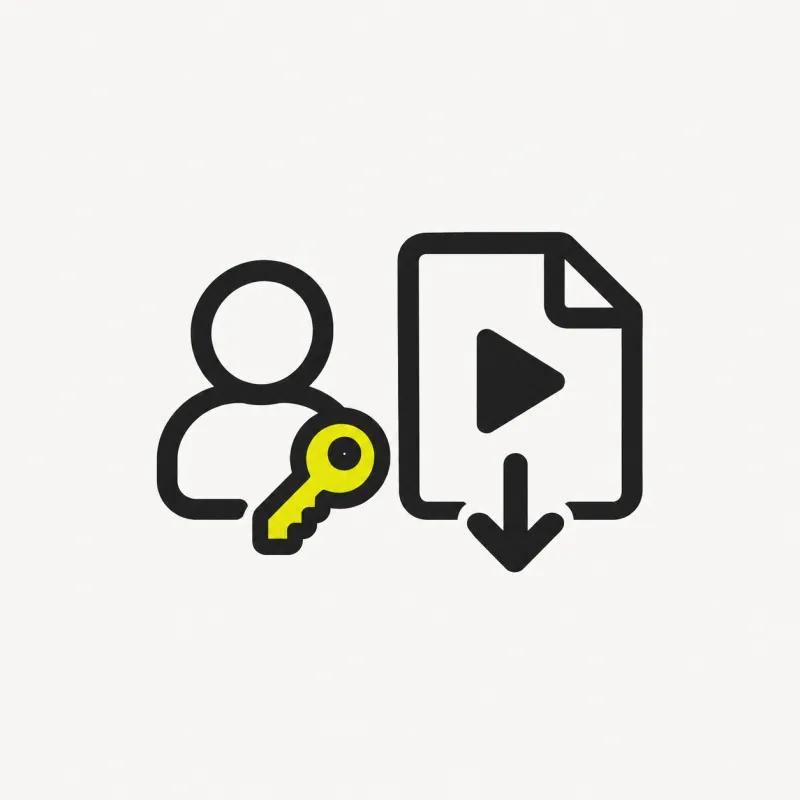 Illustration: a small user avatar with a key beside a video file with a download arrow