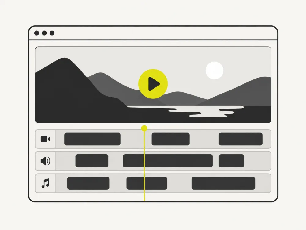 Illustration: a browser video editor — a preview pane above three stacked timeline tracks