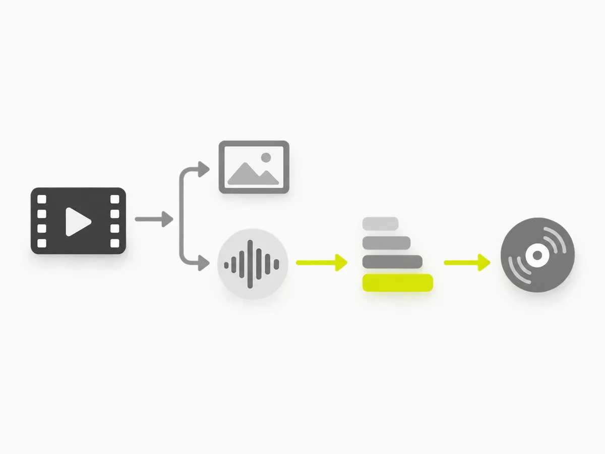 Diagram: a video track being separated into its audio track, then encoded to MP3 at selectable bitrates
