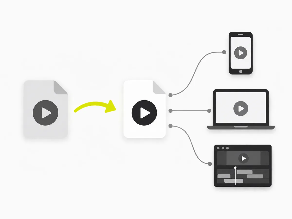 Diagram: a WebM clip being re-encoded to an H.264 MP4 that plays across phones, editors and social platforms