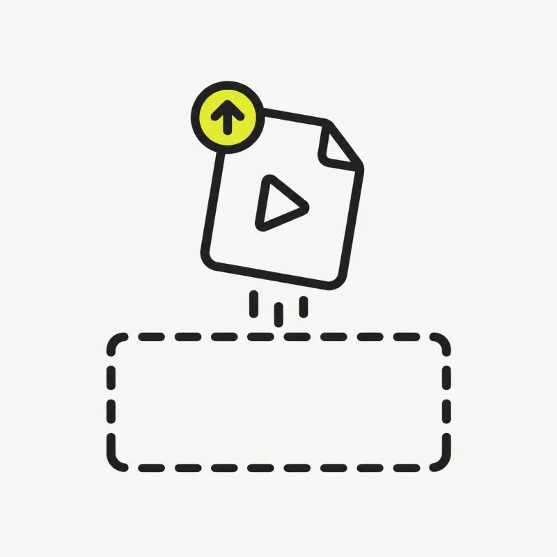 Illustration: a saved video file card being dropped into a dashed-outline upload dropzone