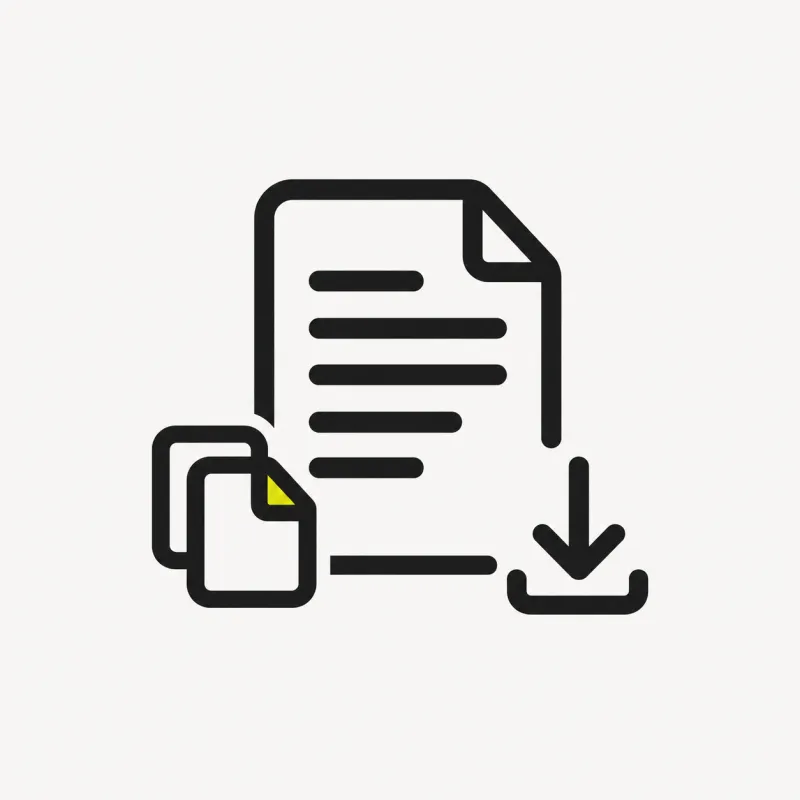 Illustration: a document of text lines with a copy icon and a download arrow