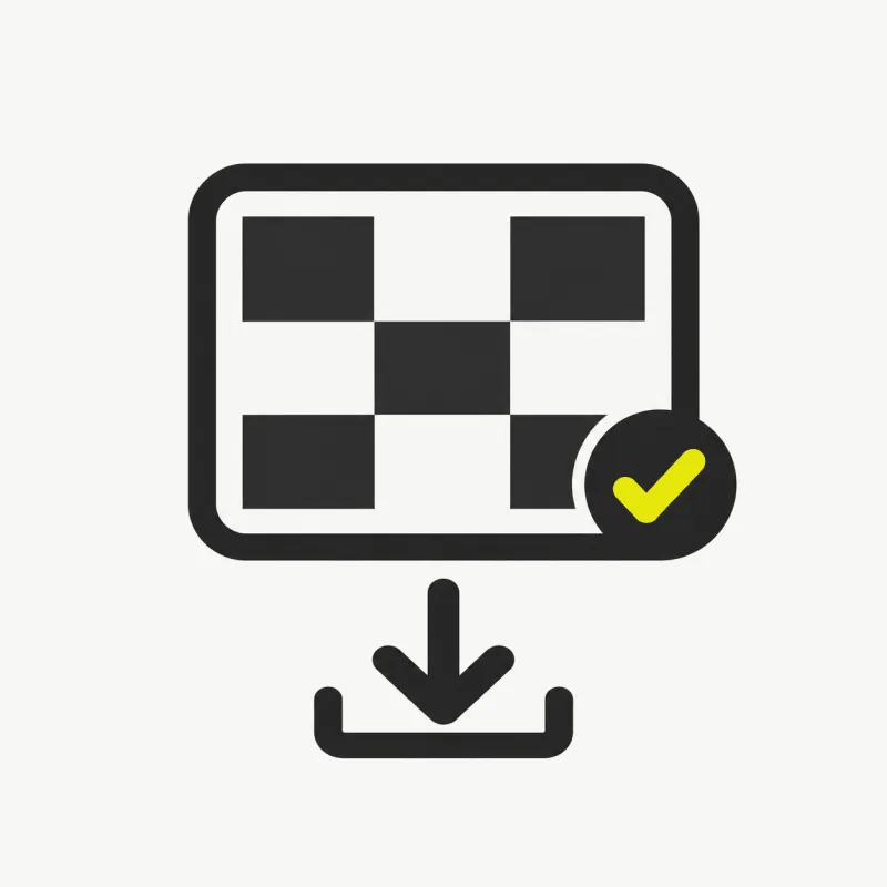 Illustration: a transparent video tile with a download arrow and a check mark