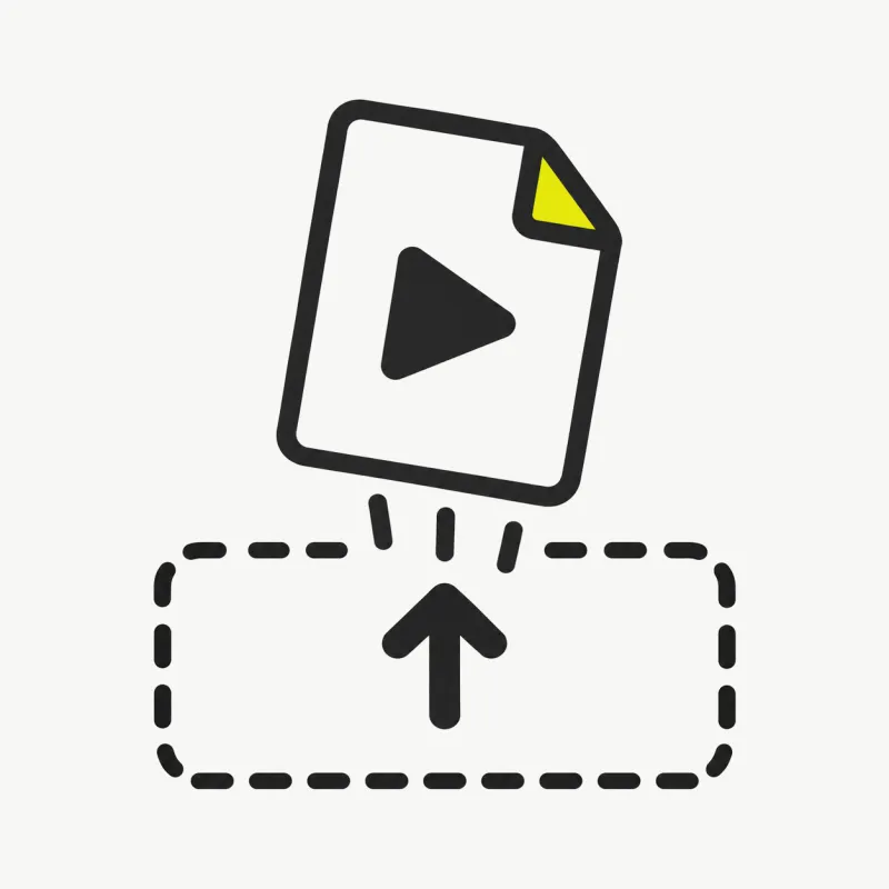 Illustration: a video file card being dropped into a dashed-outline upload dropzone with an upward arrow