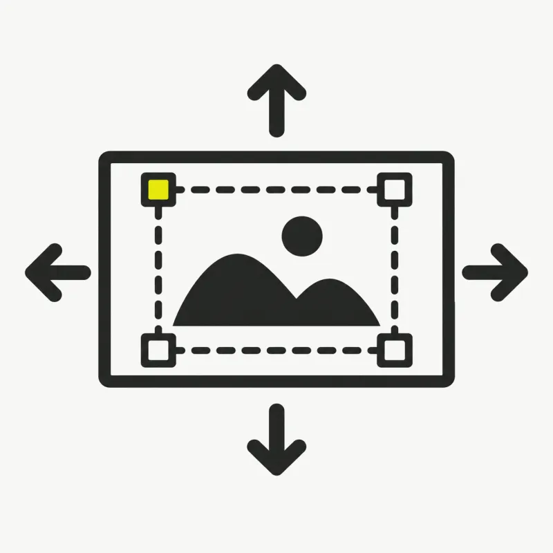 Illustration: a video frame with a movable crop box and position arrows up down left right centering the subject