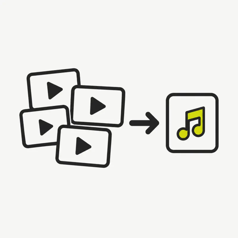 Illustration: several different video file cards (rectangles with play triangles) all flowing by an arrow into a single audio file with a music note (many video formats in, one MP3 out)
