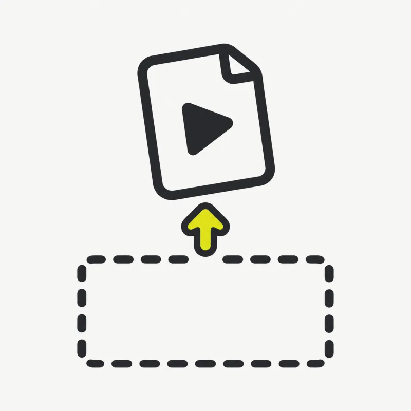 Illustration: a video file card being dropped into a dashed-outline upload dropzone with a small upward arrow