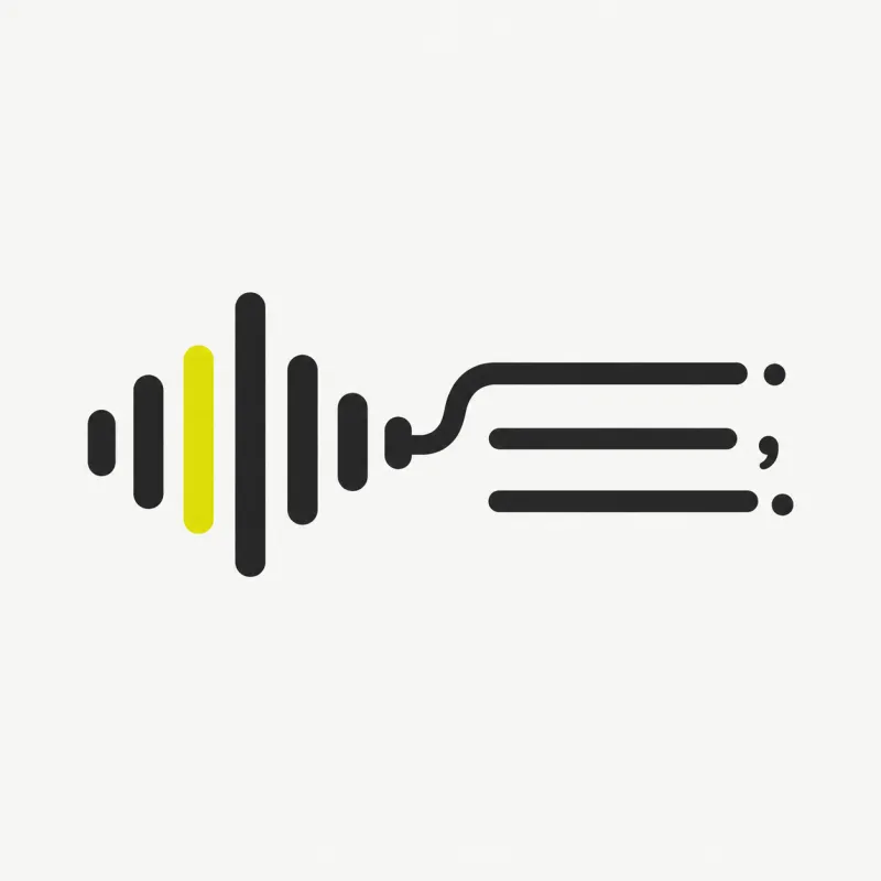 Illustration: a soundwave turning into punctuated text lines with a small period and comma