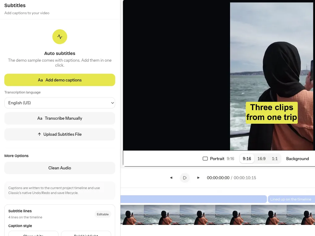The VidSnappy subtitles panel next to a vertical clip with a styled caption