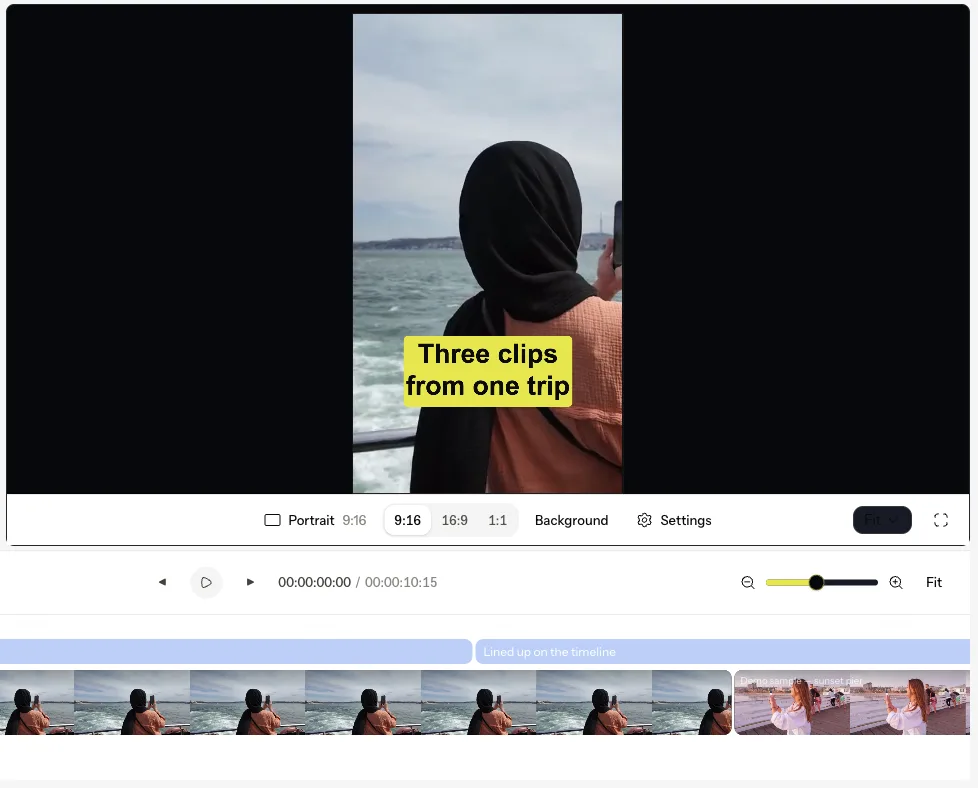 The VidSnappy editor: three travel clips on the timeline, turned vertical with a styled caption