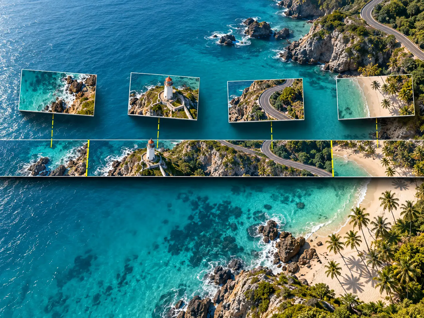 A long horizontal bar of aerial travel footage with several short clip tiles lifted out of it at marked cut points