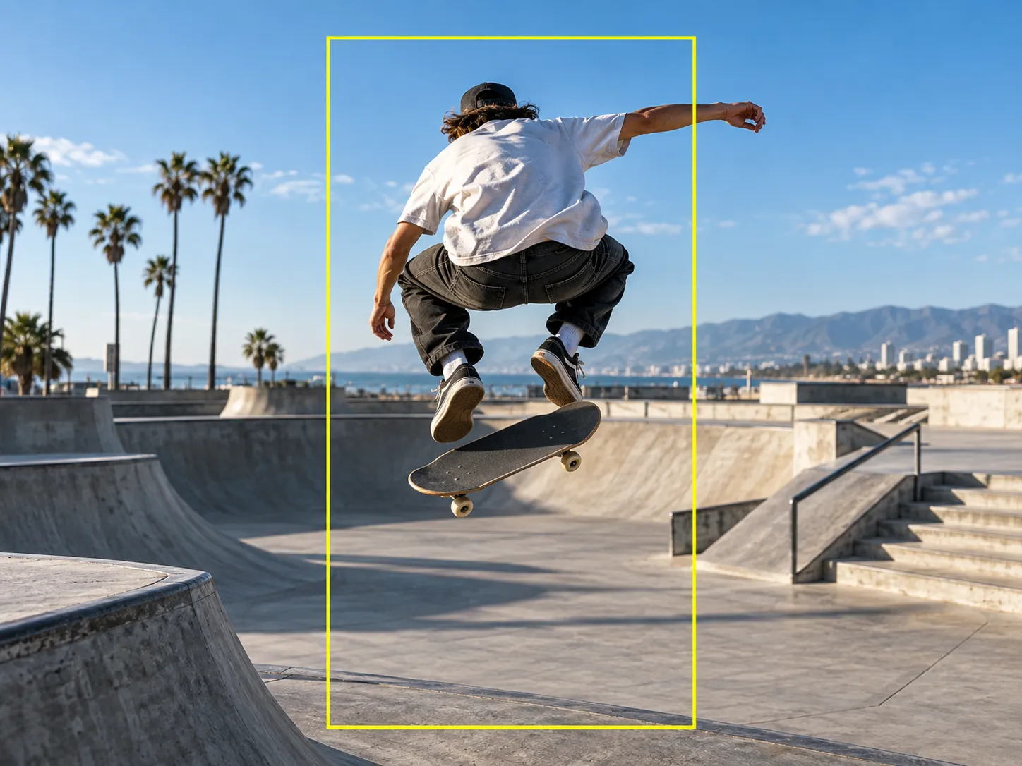A wide skatepark action frame with a tall portrait crop box inside it, showing a wide shot reframed to a 9:16 vertical