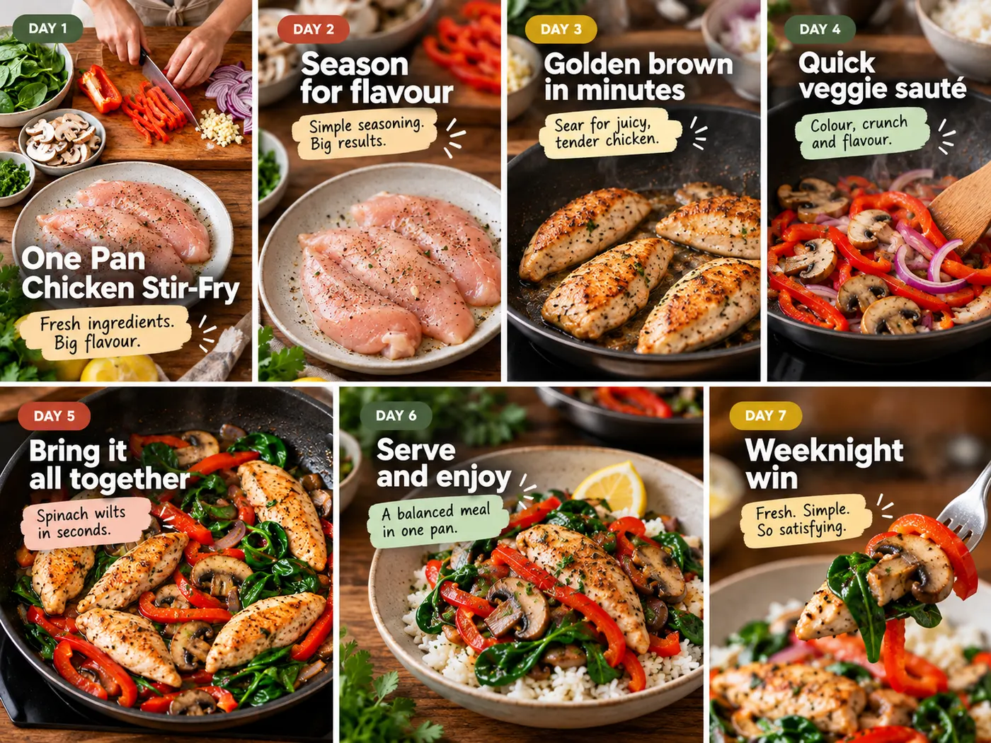 A set of varied vertical food-demo clip cards showing different useful moments from the same recording, arranged like a week of social posts.