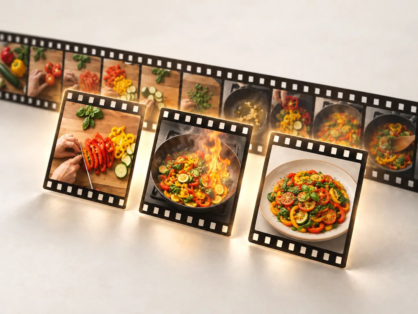 The same cooking recording being analysed: three highlight frames lift forward and glow while the rest of the strip is dimmed behind them