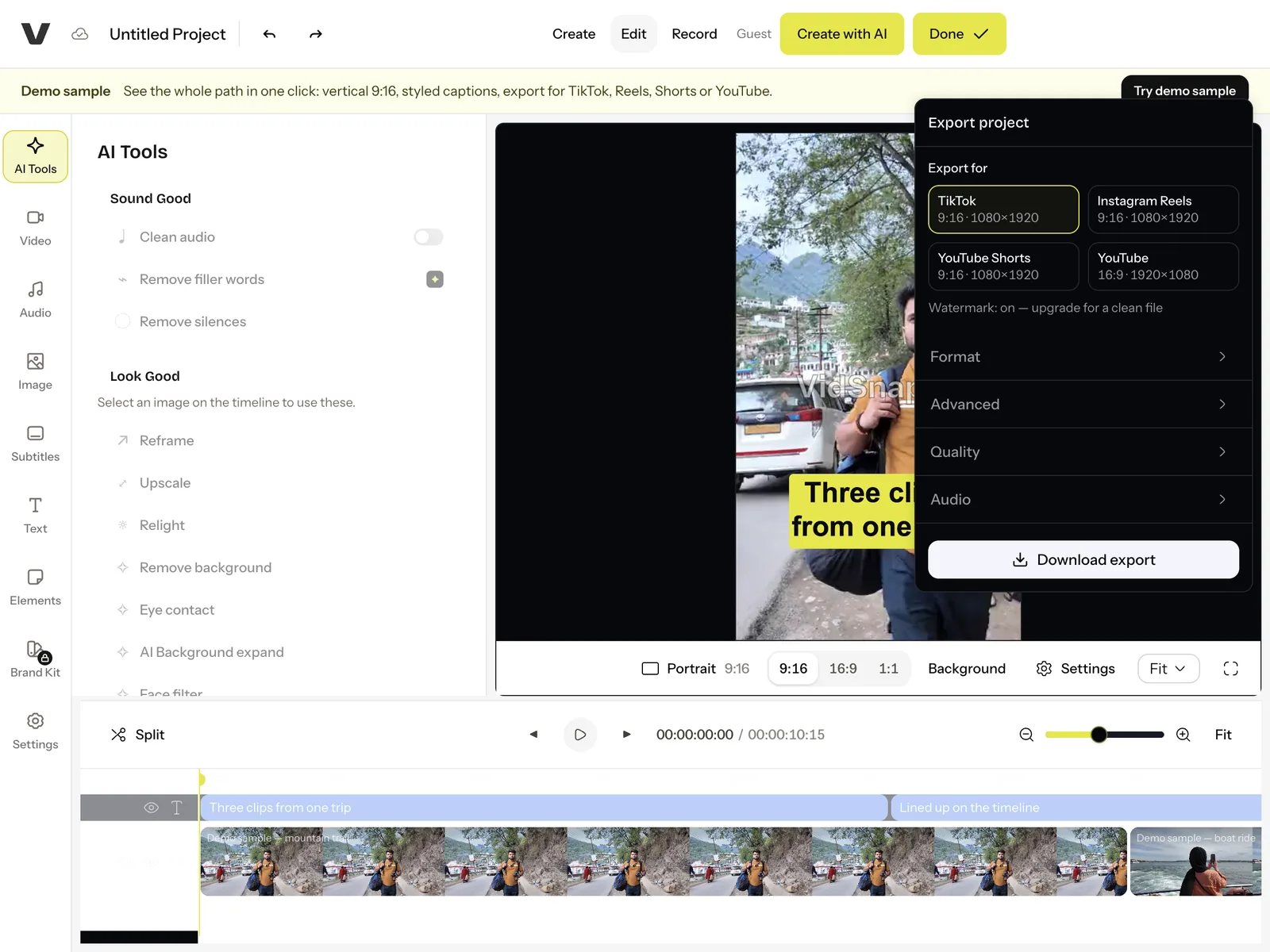 The editor's Export project panel listing TikTok, Instagram Reels, YouTube Shorts and YouTube presets, with a Download export button and a watermark note.