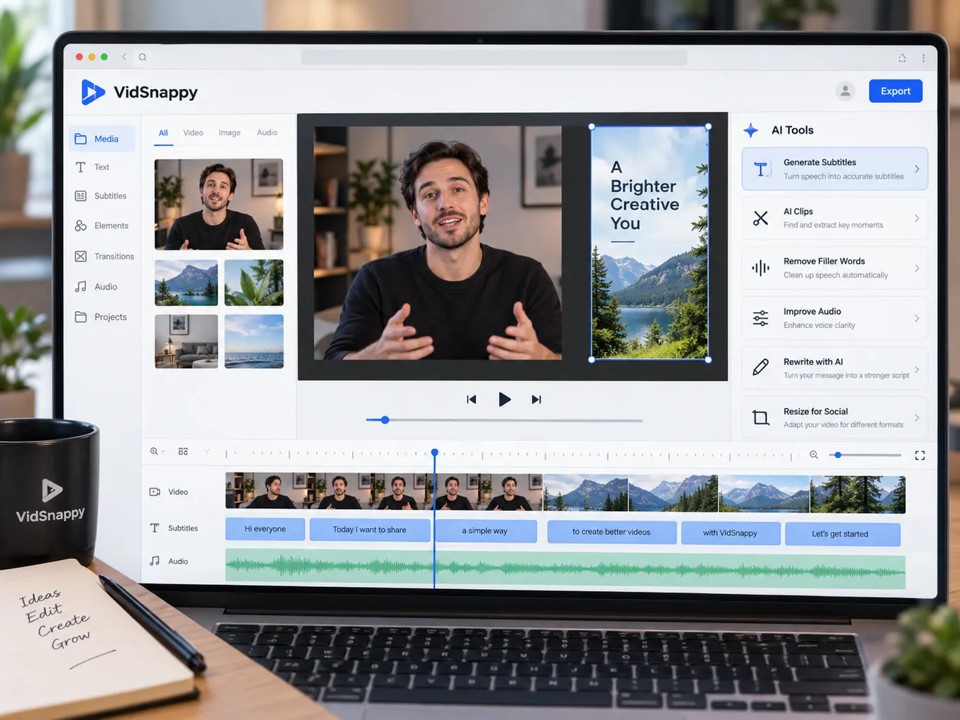 A polished VidSnappy AI Video Editor workspace with a speaking-person video on the timeline, clearly visible generated subtitle segments being edited, a refined vertical visual asset integrated into the same project, and an AI tools panel connected to the editing workflow.