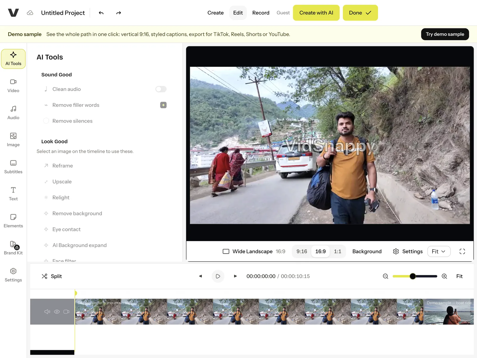 The VidSnappy video editor as it opens: the AI Tools panel on the left, the preview in the middle and a clip on the timeline below.