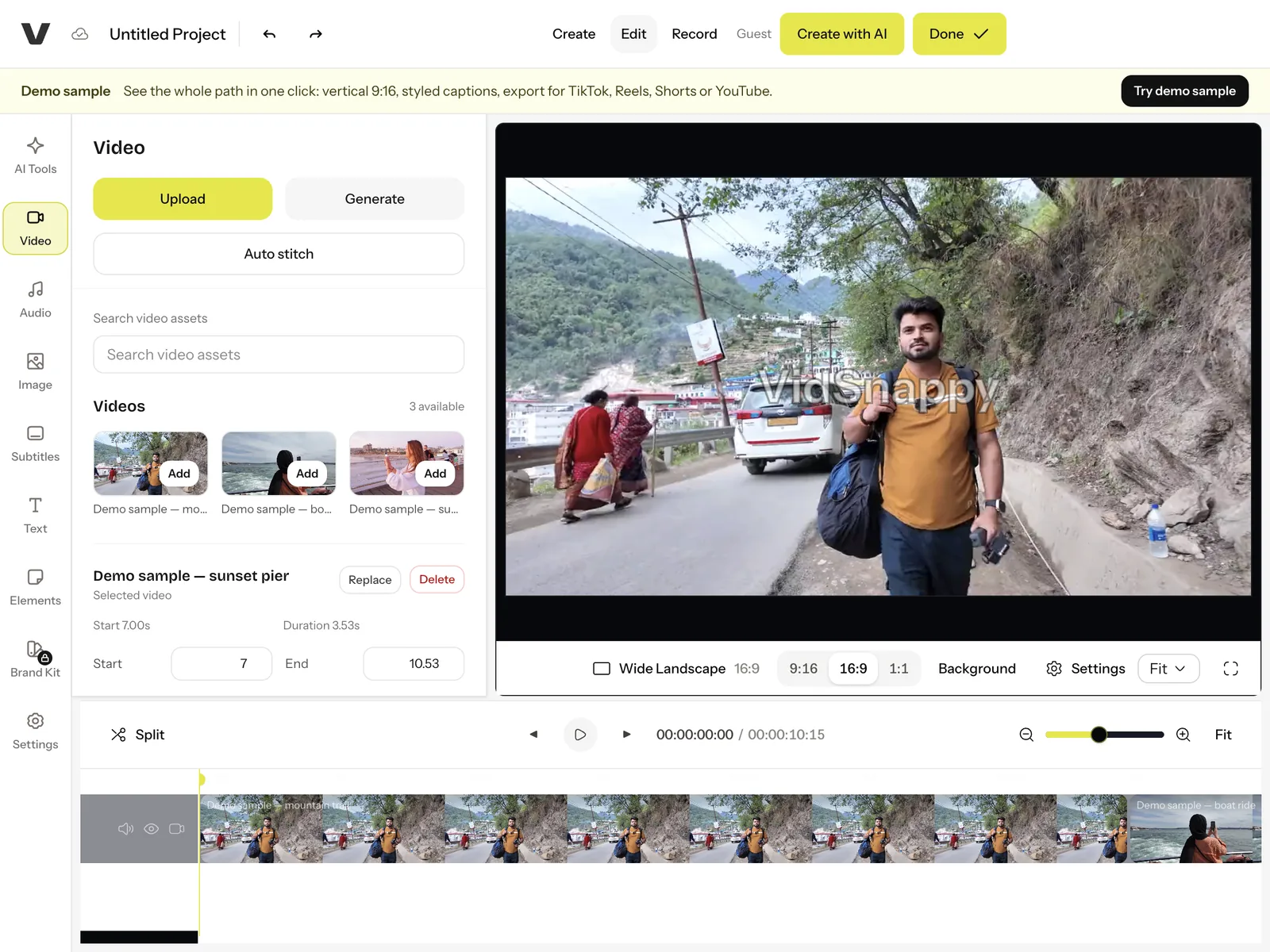 The editor's Video panel with Upload, Generate and Auto stitch options and a list of demo clips that can be added to the timeline.