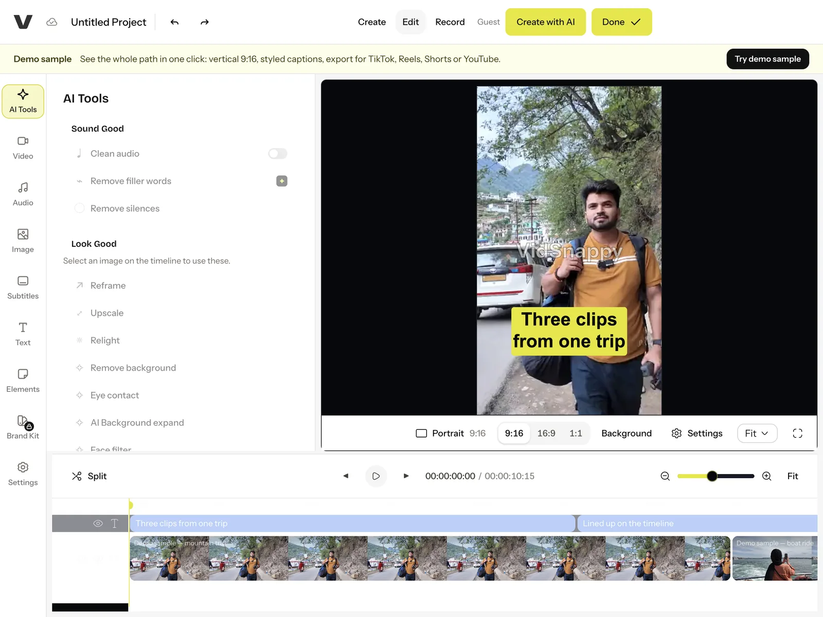 The editor with the demo project loaded in portrait and the AI Tools list open, showing options such as Clean audio and Remove silences, with caption and video lanes on the timeline.