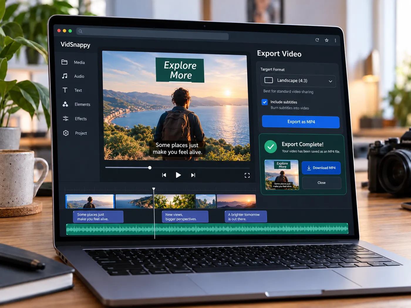 The completed video is shown in an export panel configured for a target platform format, with a polished subtitled preview and a clearly readable MP4 export completion state.