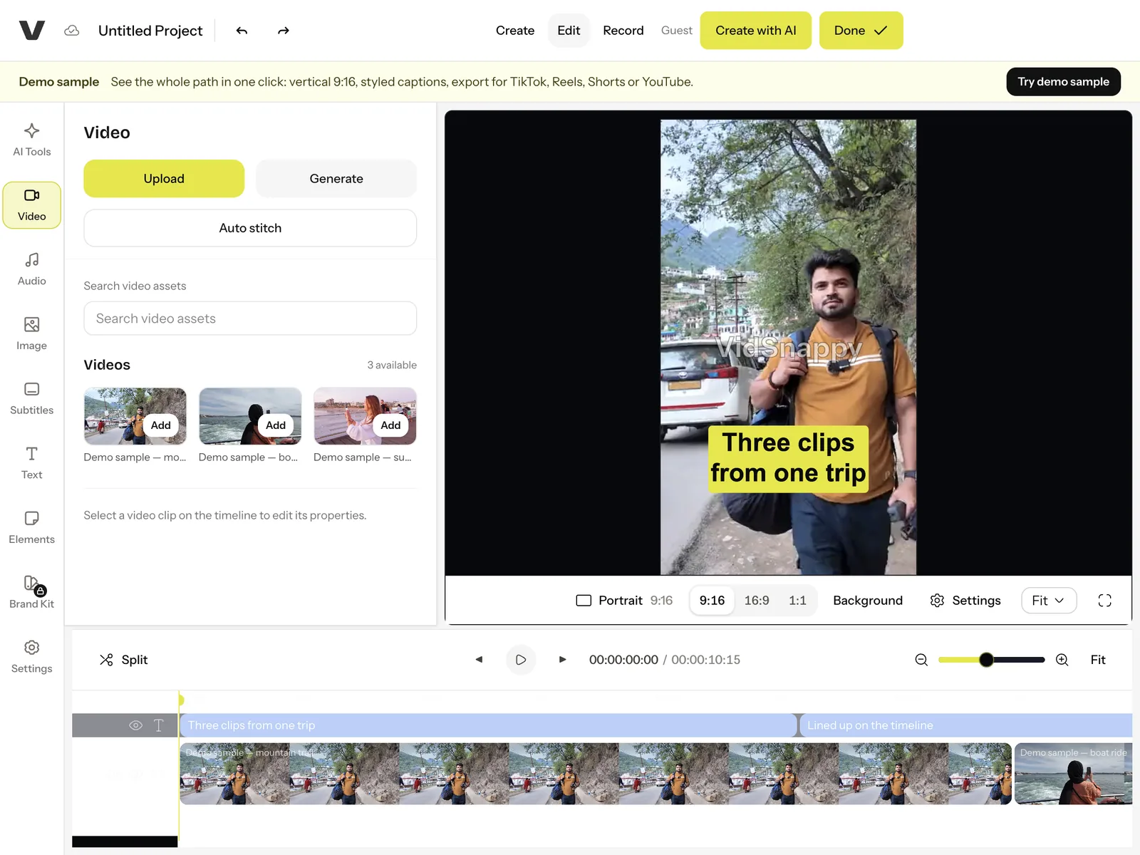 The editor's Video panel beside a portrait preview and a timeline of clips and caption lanes, with the demo project assembled.
