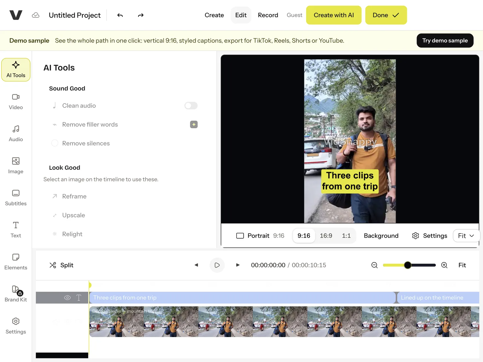 The same editor in a narrower tablet-sized browser window, with the AI Tools panel, the preview and the timeline all still in view.
