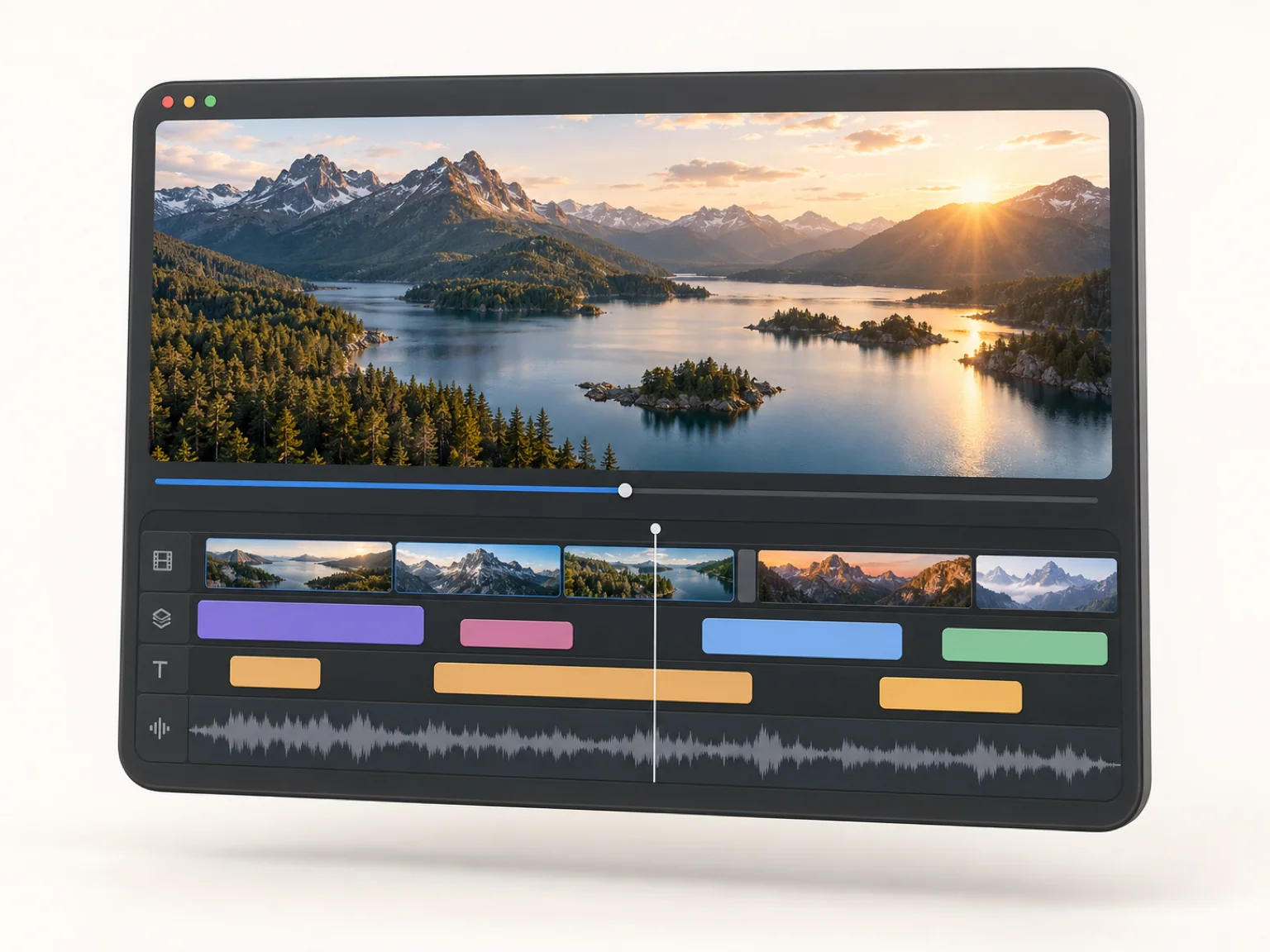 A browser video-editing workbench: a large preview pane showing a mountain-lake sunrise above a multi-track timeline with real video-thumbnail clips, colored overlay and caption clips, an audio waveform and a playhead.