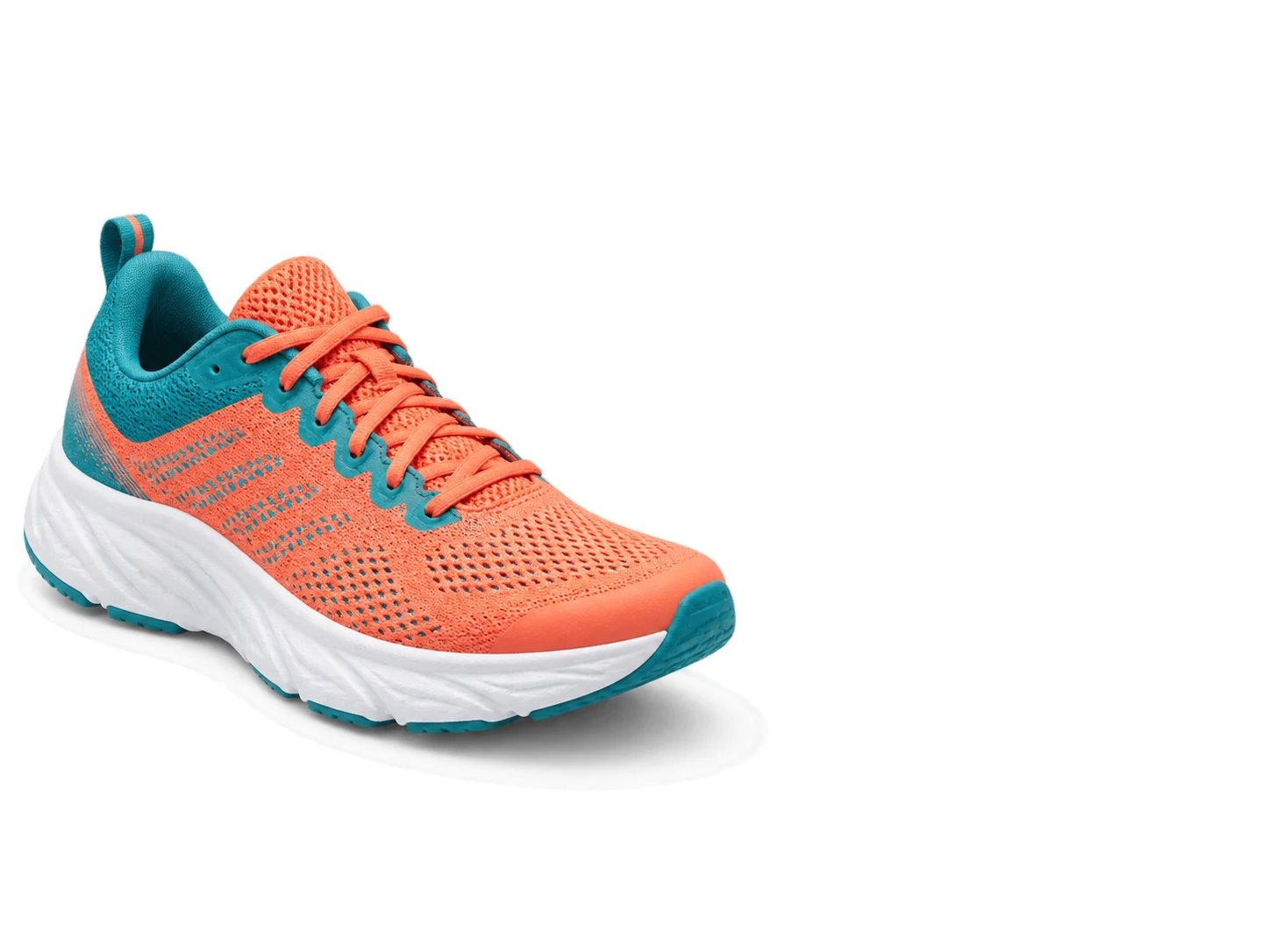 A bright coral-and-teal running shoe cut out as a clean product image on a plain white backdrop, ready for a listing or a post