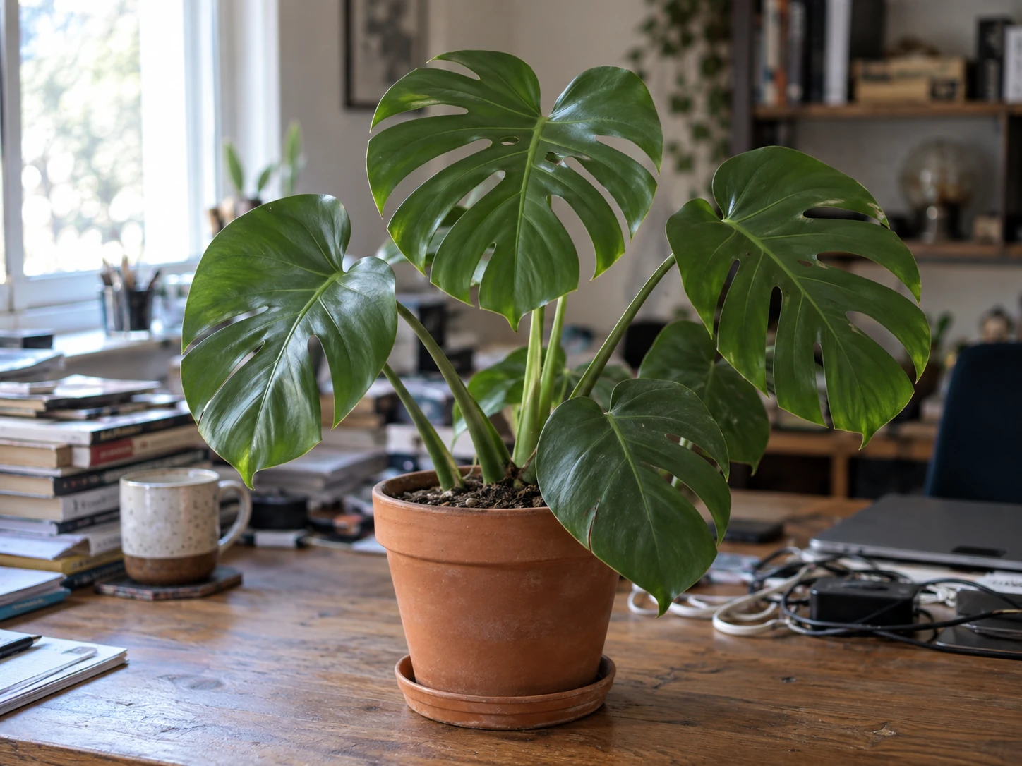 A potted monstera houseplant on a wooden desk in front of a cluttered, distracting home-office background before its background is removed