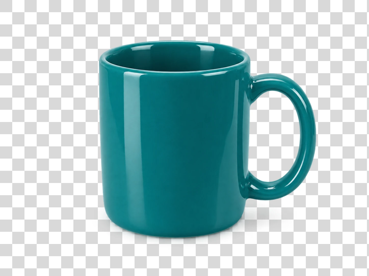 A glossy teal ceramic mug cut out on a clear transparency checkerboard, the look of a transparent PNG
