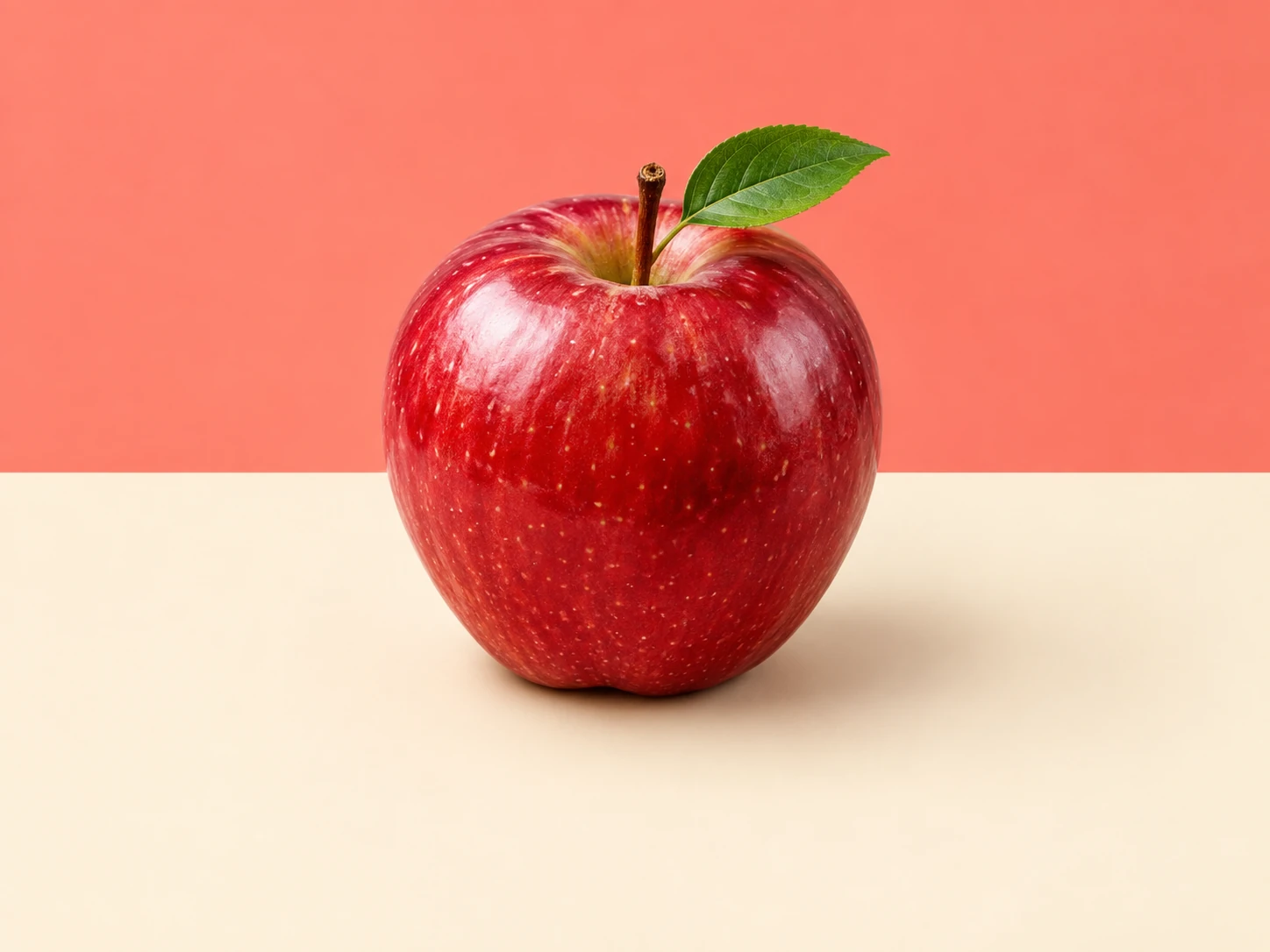 A red apple with a green leaf cut out and dropped onto a new two-tone coral-and-cream background card with a soft shadow