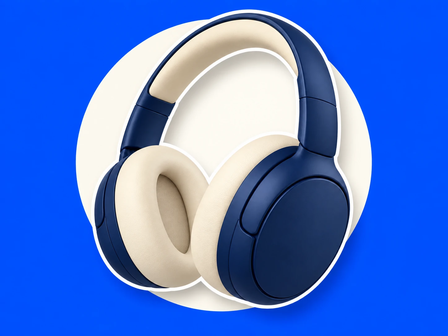 Navy over-ear headphones popped onto a bold electric-blue backdrop with a white sticker-style outline for a thumbnail or sticker