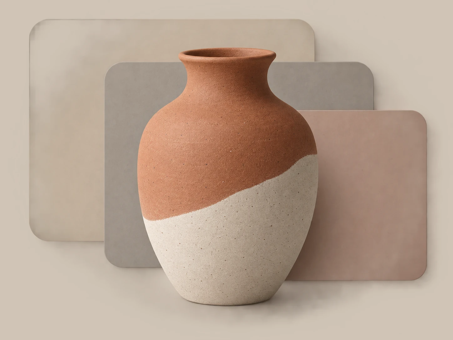 A terracotta-and-cream ceramic vase cut out and composited over overlapping muted design-layer panels on an artboard