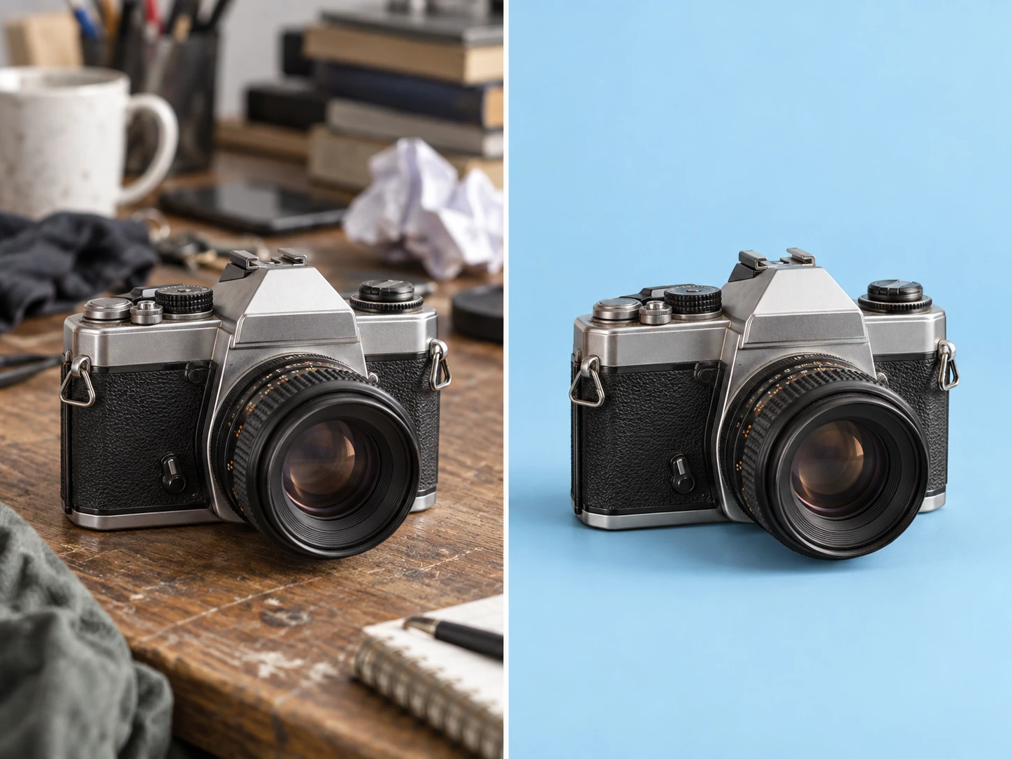 A before-and-after of the same vintage film camera: on the left a cluttered desk background, on the right a clean pastel-blue background