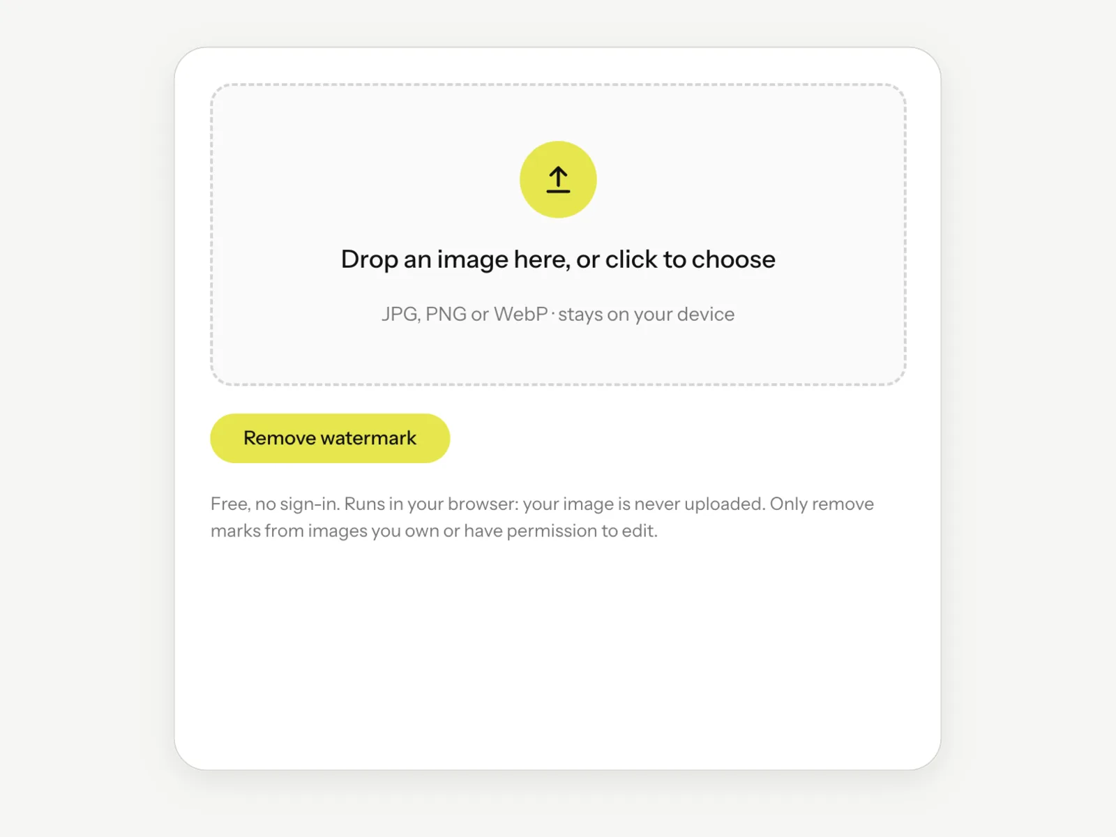 The Image Watermark Remover before an image is added: a dashed drop area for a JPG, PNG or WebP and a Remove watermark button.