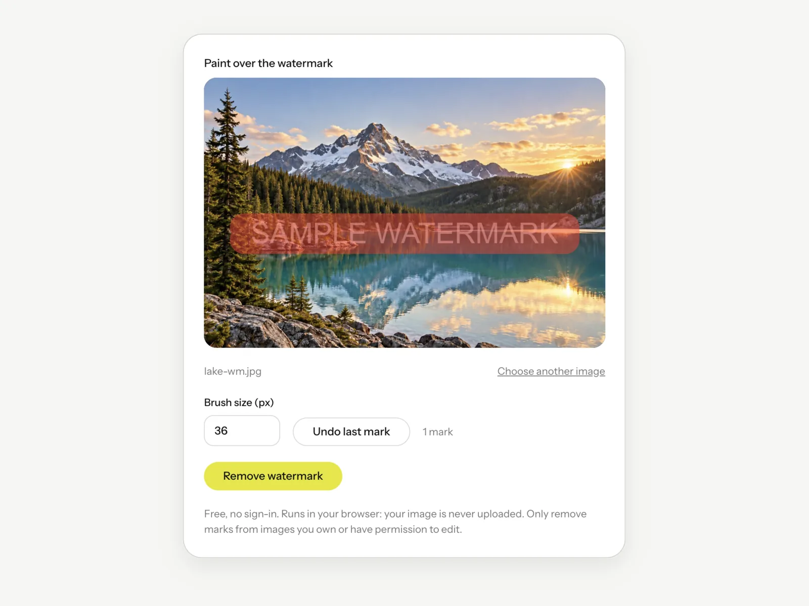 The Image Watermark Remover with a photo loaded and a brush stroke painted over the watermark text, with the brush size and Undo last mark controls.