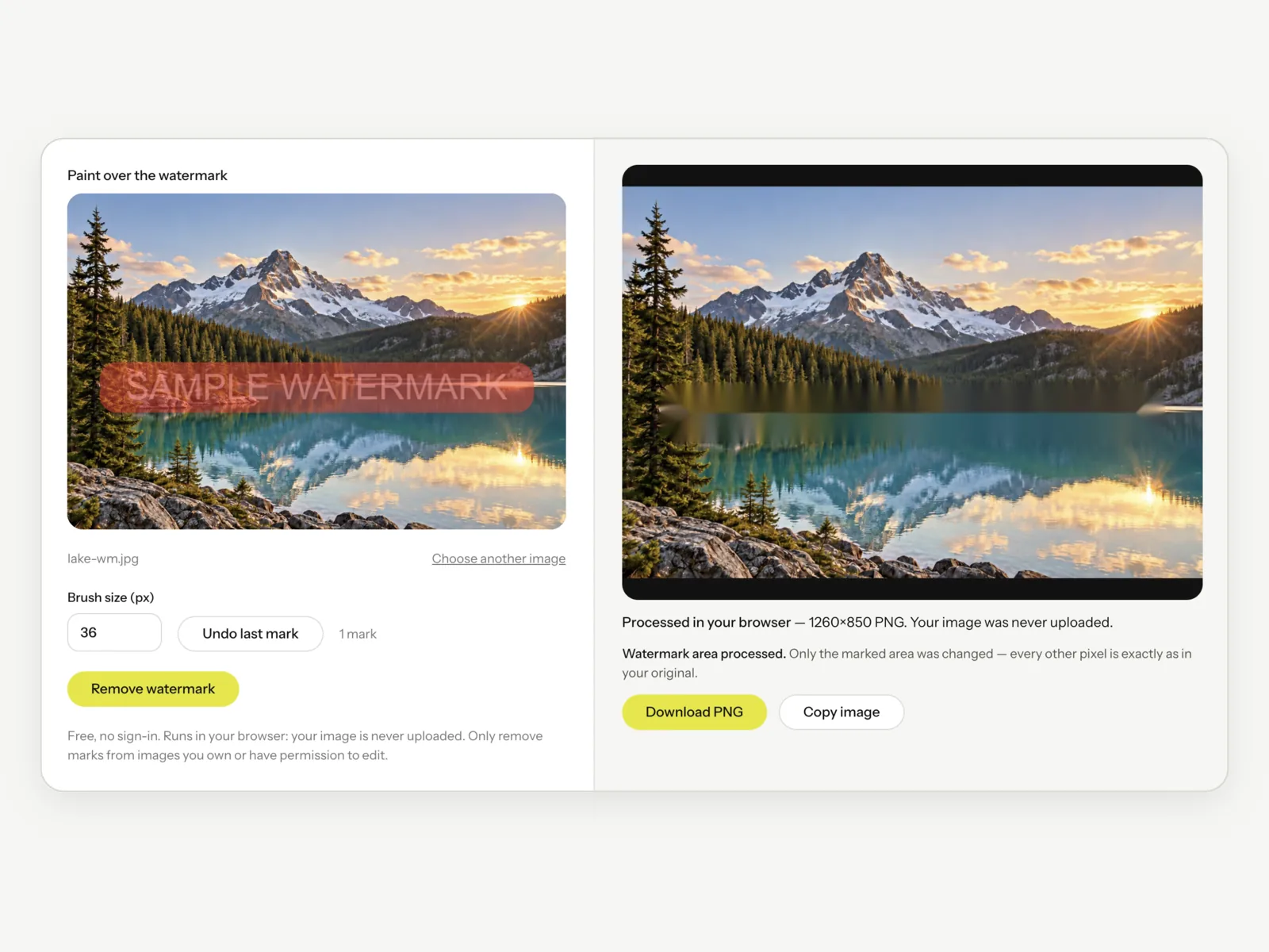 The Image Watermark Remover after Remove watermark is pressed: the painted photo on the left and the processed image on the right with Download PNG and Copy image buttons.