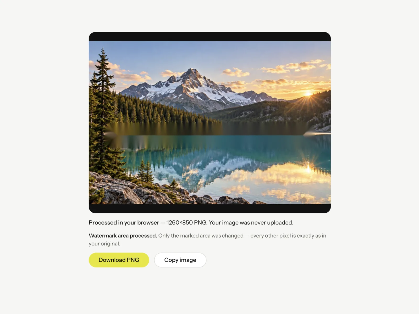 The processed image preview with a note that it was processed in the browser, plus Download PNG and Copy image buttons.