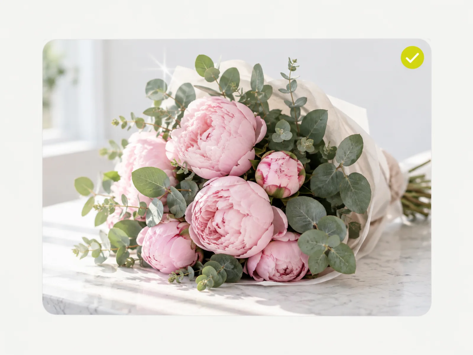 A clean flower bouquet marked finished with a small green check badge
