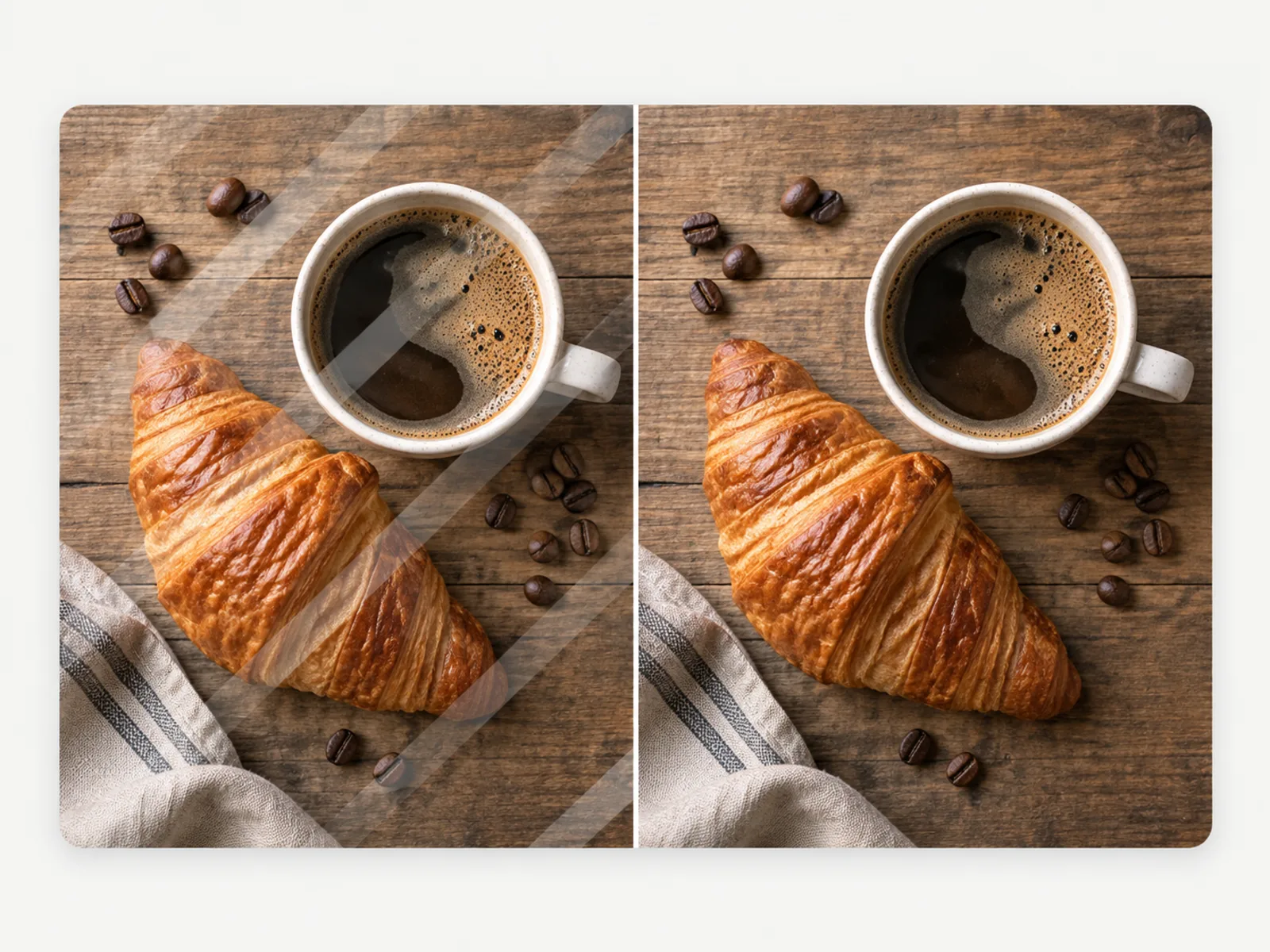A top-down coffee-and-croissant flatlay shown before and after: a preview watermark on the left half, a clean version on the right