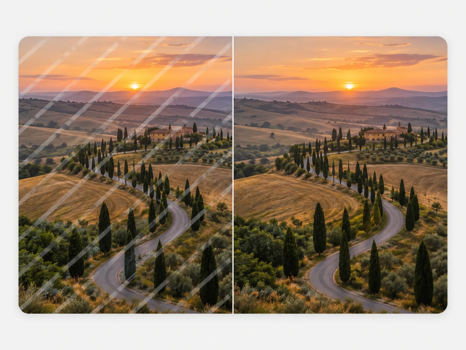 A Tuscan road at sunset shown before and after: a diagonal watermark on the left half, a clean recovered version on the right