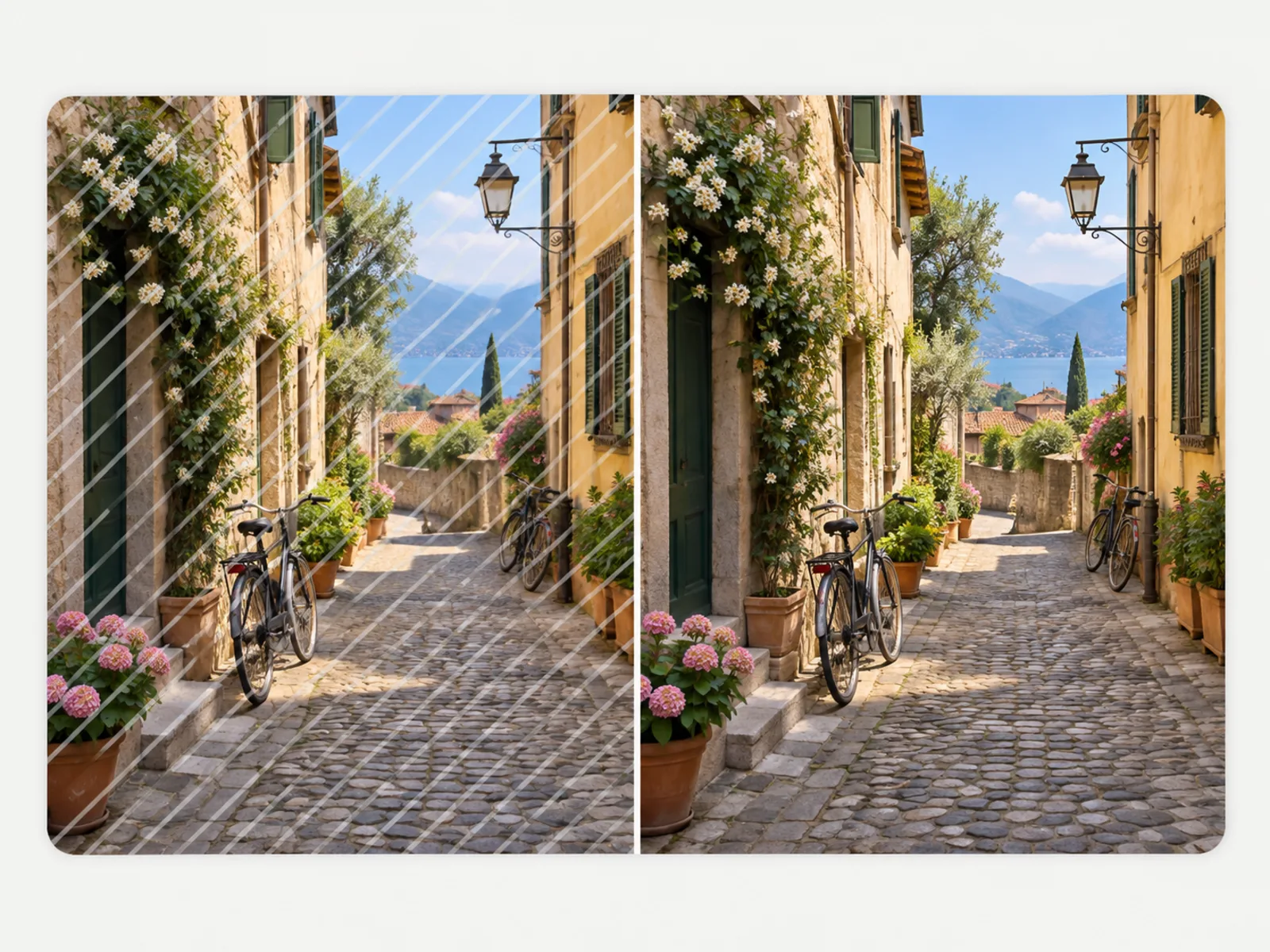 A sunlit cobblestone street with bicycles shown before and after: a diagonal watermark on the left half, a clean version on the right
