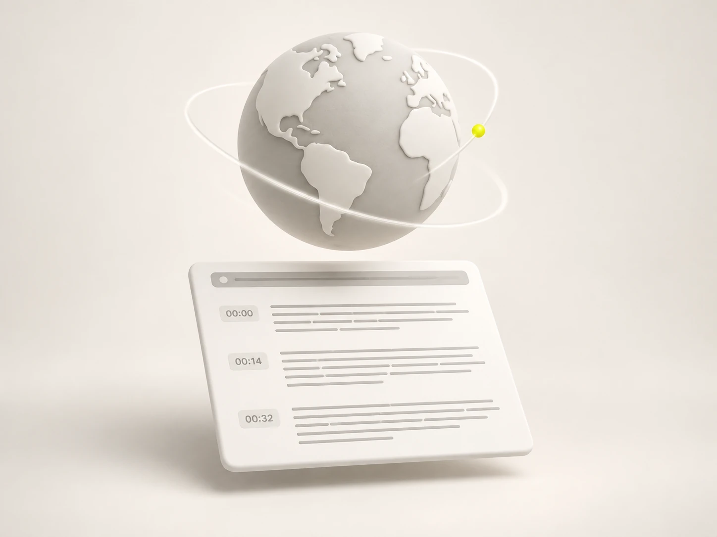 A soft 3D globe with detection arcs above a transcript document whose timestamped lines appear automatically, representing automatic language detection with no setup.