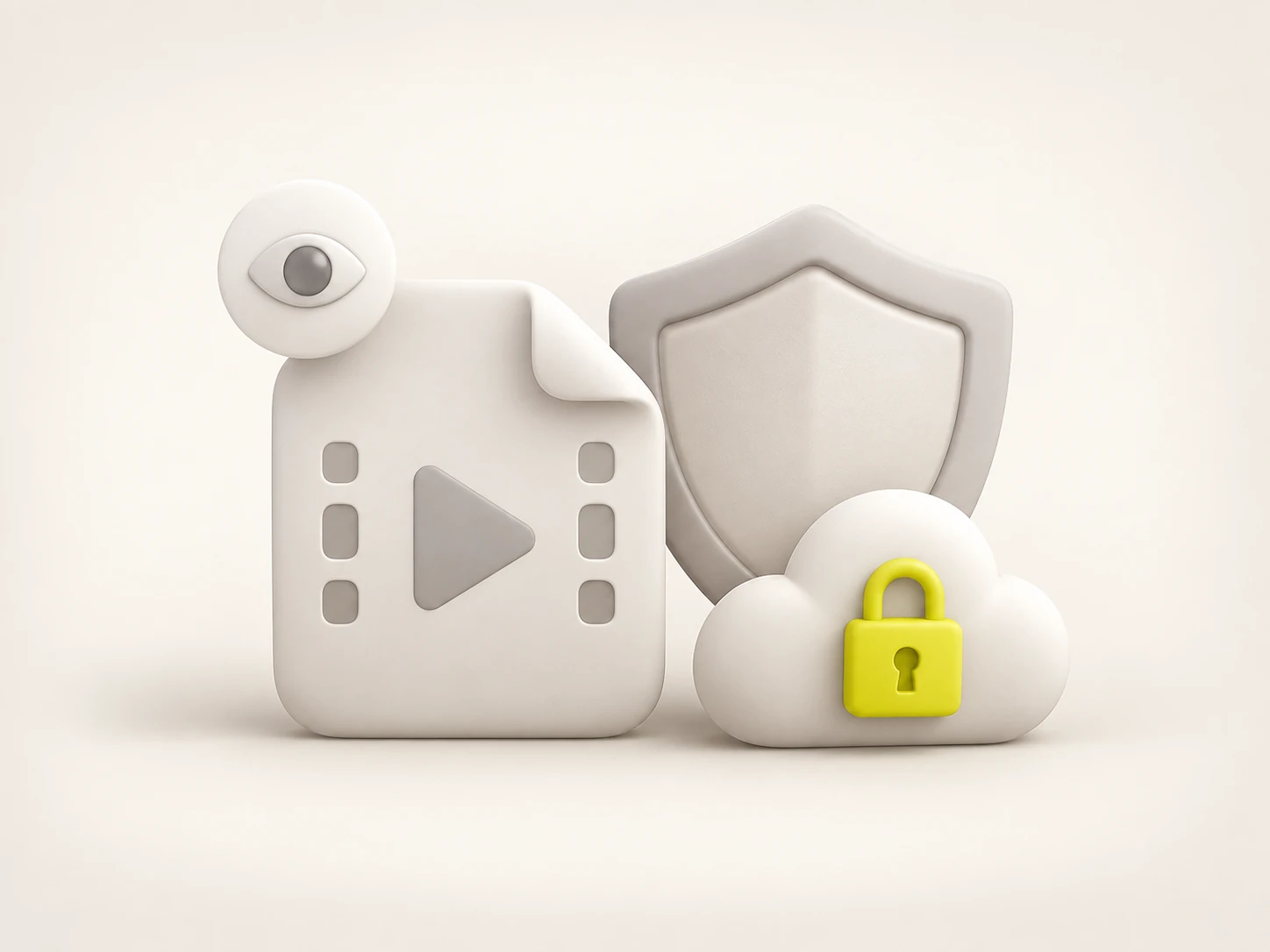 A video file card with an eye-preview glyph beside a protective shield and a cloud carrying a padlock, representing a private local preview followed by a protected processed run.