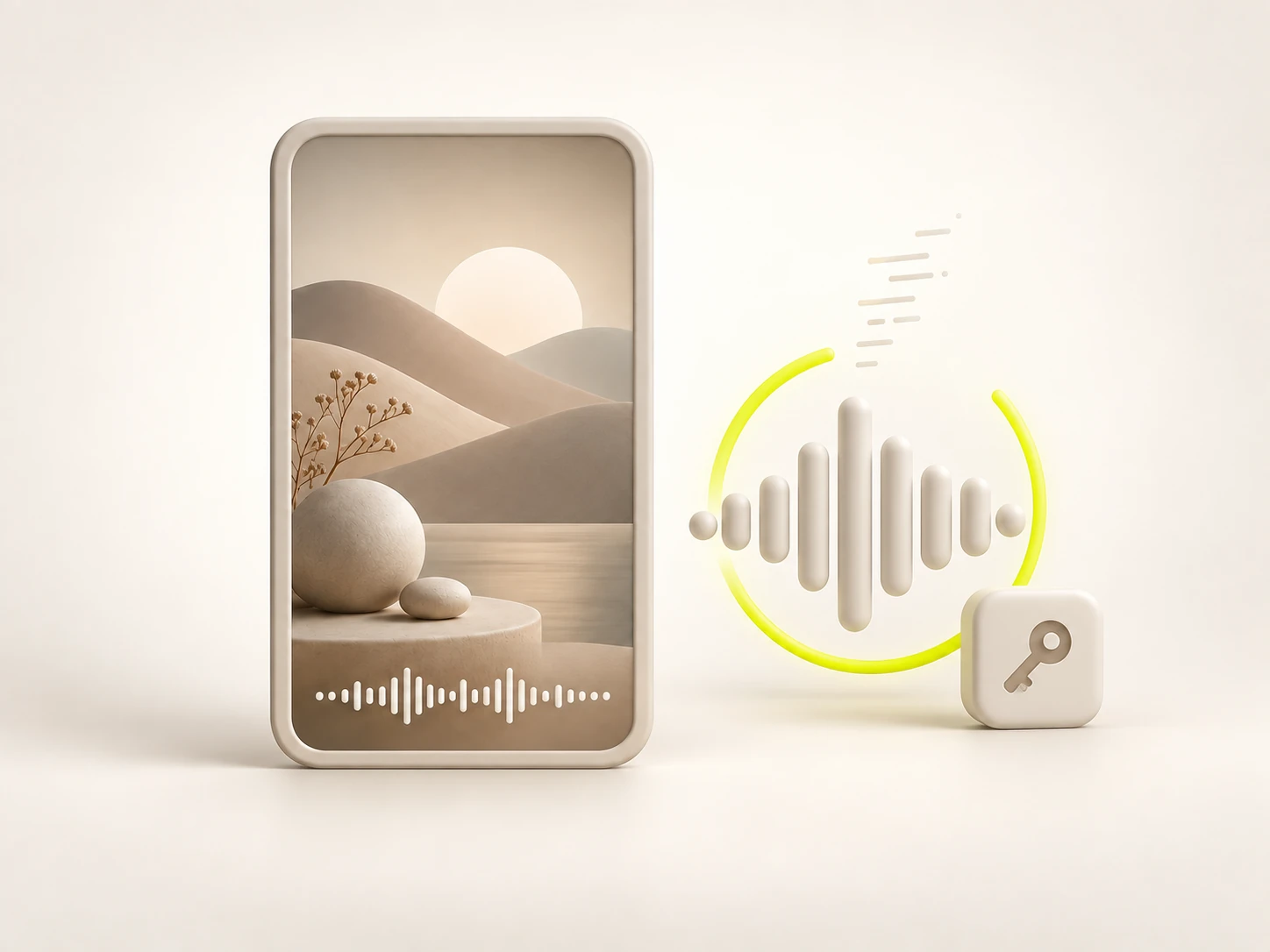 Step 3 — the same clip beside a soundwave scanned by a circular progress ring, with the first faint transcript lines beginning to emerge and a key glyph for signing in.