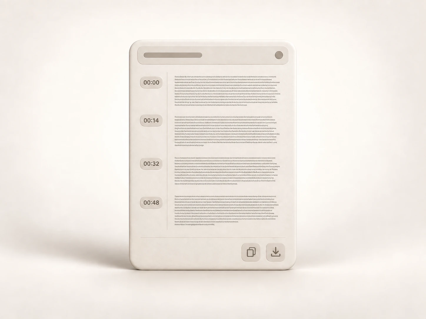 Step 4 — the finished clean transcript document with timestamps down the left, fully typeset paragraphs, and copy and download buttons.